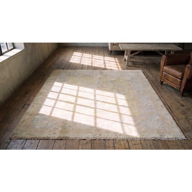 Textile 1930s White Cream Floral Antique Indian Cotton Agra Rug 6'4" X 7'10" Handknotted Wool Carpet For Sale - Image 7 of 9