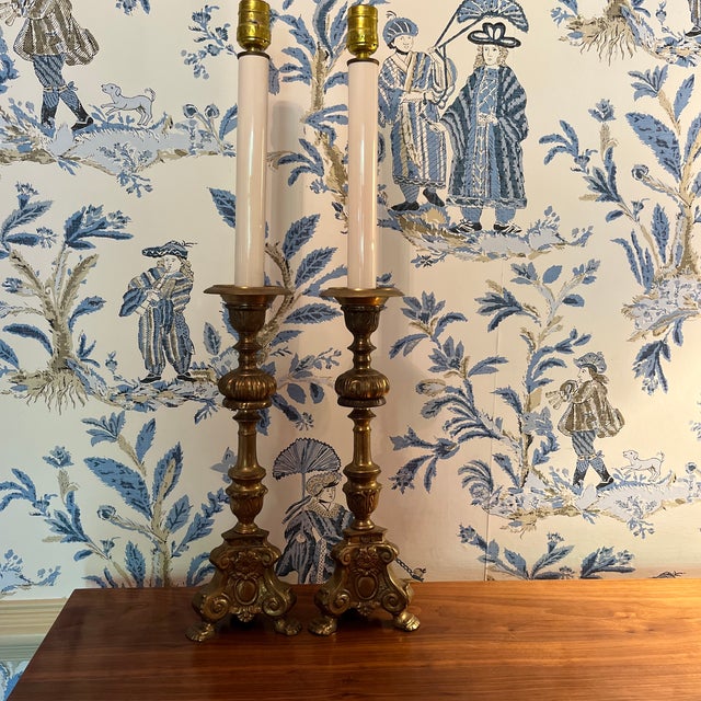 Vintage Brass Church Altar Candlestick Buffet Lamps a Pair For Sale - Image 6 of 9