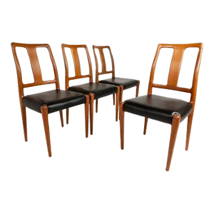 Circa 1970s D-Scan Black Vinyl Upholstered Teak Dining Chairs - Set of 4