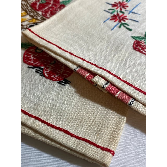 Vintage 1950s Linen Tea Towels: Embroidered Fruit Baskets, Red Trim - a Pair For Sale - Image 9 of 9