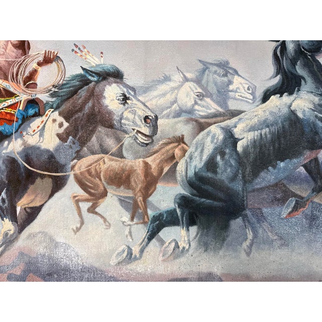 1970s Original Bill Larsen Native American Indian Chief Horse Hunt Oil Painting Canvas For Sale - Image 13 of 13