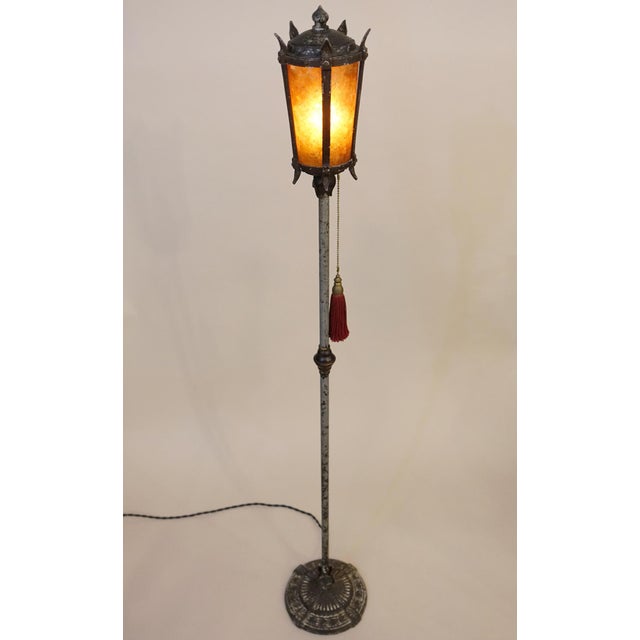 Arts & Crafts 1916 Attributed to Oscar Bach Arts Crafts Cast Iron Mica Lantern Torchiere Floor Lamp For Sale - Image 3 of 12