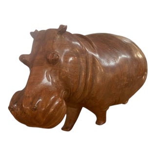 Hand-Carved Monumental Solid Wood Hippopotamus Sculpture For Sale