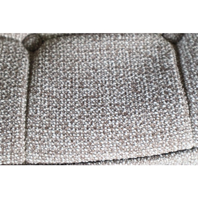 Mid Century High Back Barrell Arm Chair New Grey Upholstery Milo Baughman Style Lawrence Peabody Walnut Atomic For Sale - Image 9 of 9