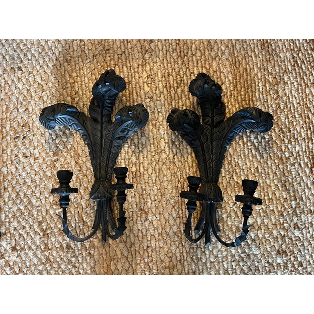 This is a fabulous pair of Hollywood Regency Plume candle sconces; In the style of Tony Duquette. Purchased at a very...