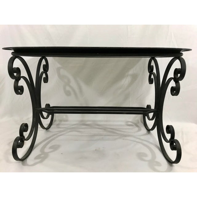 Napoleon III Painted Tray on Custom Art Deco Wrought Iron Stand For Sale - Image 4 of 9