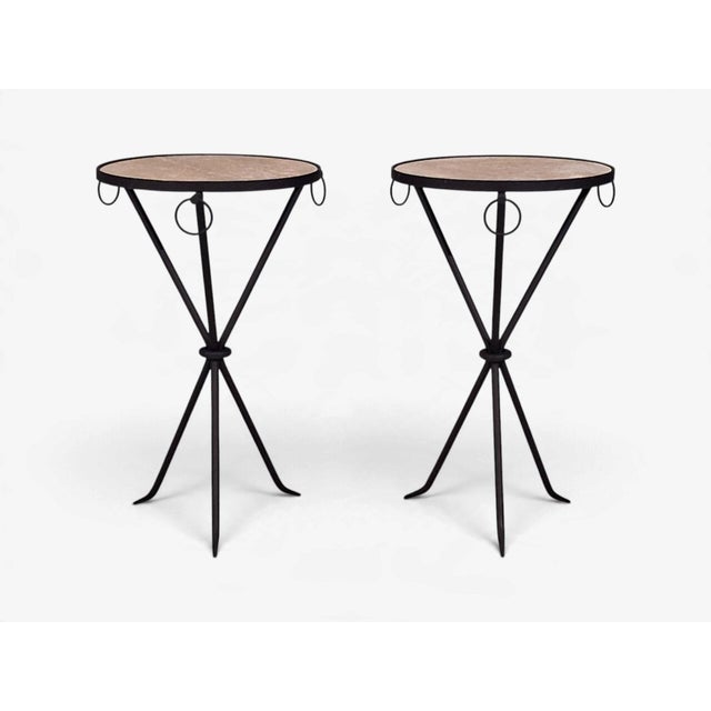Mid-Century Modern Jean-Michel Frank Style, Side Tables, Painted Iron, Travertine, 20th C. For Sale - Image 3 of 12