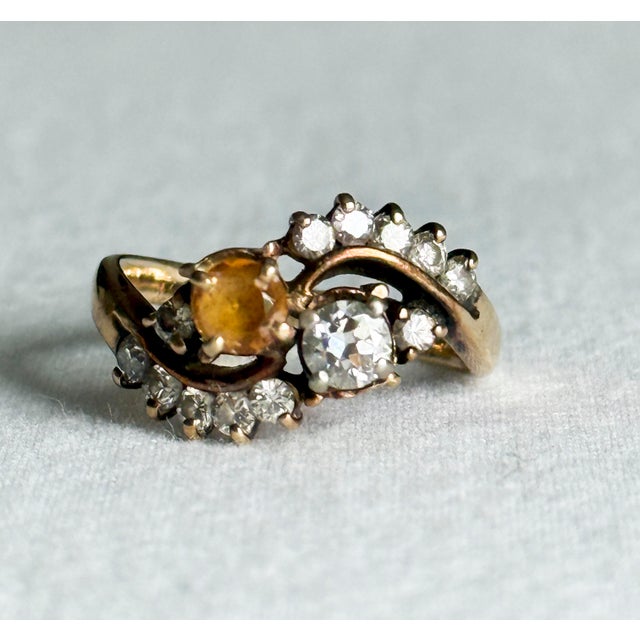 Vintage 14k Yellow Gold Victorian Revival Golden Beryl & Diamond Bypass Cocktail Ring, Size 7 For Sale - Image 9 of 10