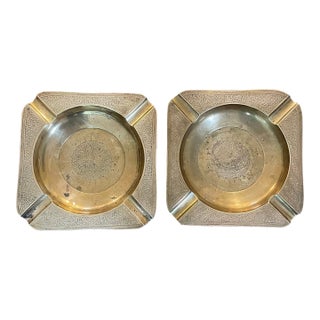 Pair of Vintage Etched Brass Ashtrays For Sale