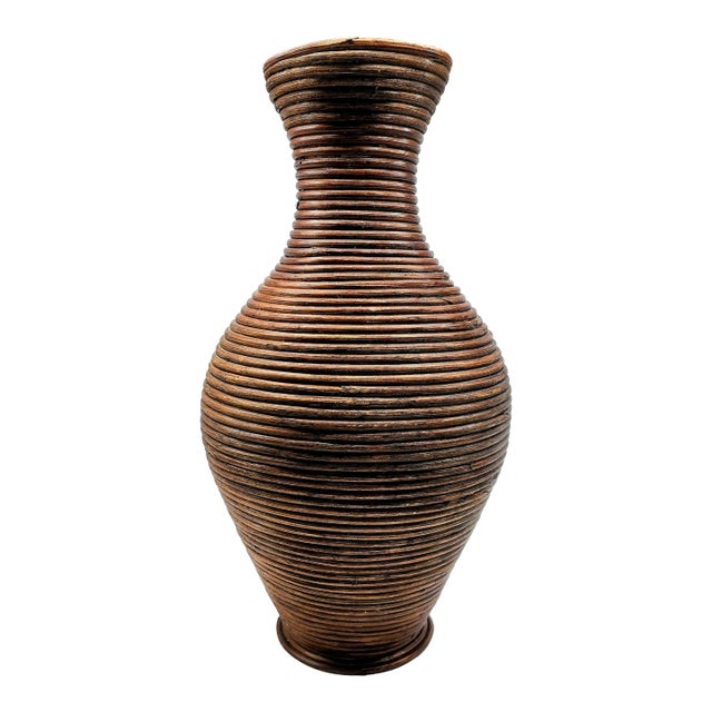 Pencil Reed Rattan Floor Vase MCM - 22" For Sale