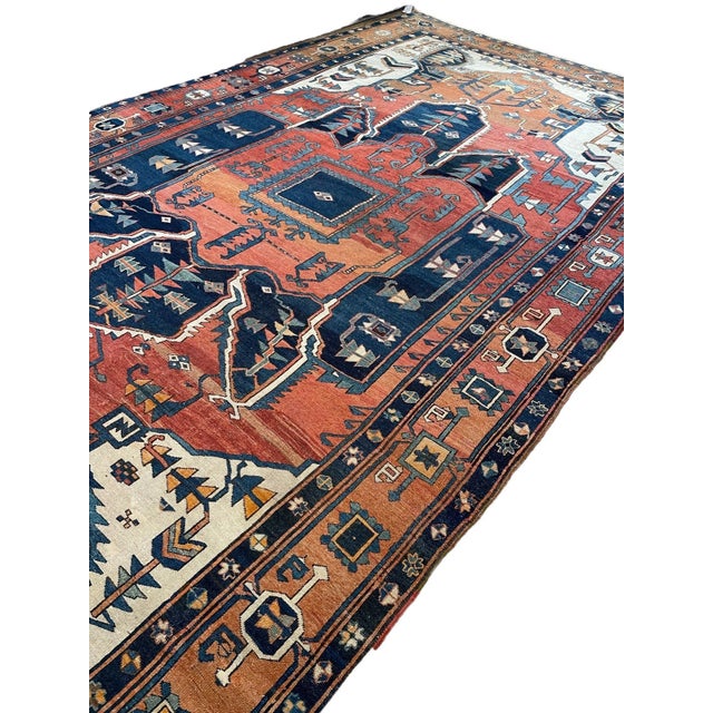 Persian Antique Persian Serapi Diamond Textile in Terracotta, Sunset-clay & Indigo - 9.8 X 16 For Sale - Image 3 of 12