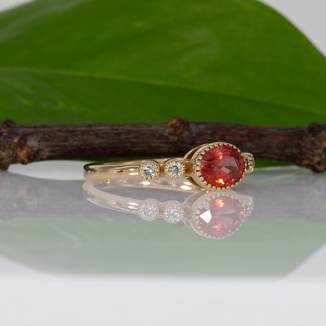 Pink Padparadscha Sapphire Ring With Natural Diamond Accents: Solid 14k Gold, Size 6.75 For Sale - Image 8 of 10