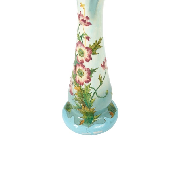 French Art Nouveau Floral-Decorated Majolica Jardiniere With Tall Pedestal For Sale - Image 4 of 13
