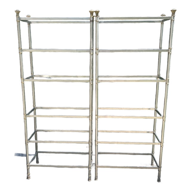 1940s Pair Brushed Steel and Brass 6 Glass Shelf Etageres in the Jansen Style For Sale