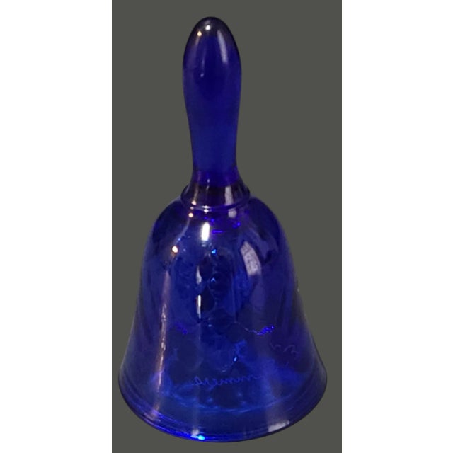 American Vintage Hand Painted Floral Blue Fenton Glass Bell Marked & Original Label For Sale - Image 3 of 5