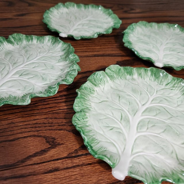Bright Green Vintage Fitz & Floyd Porcelain Ironstone Cabbage Leaf Appetizer Plates- Set of 4 For Sale - Image 8 of 8