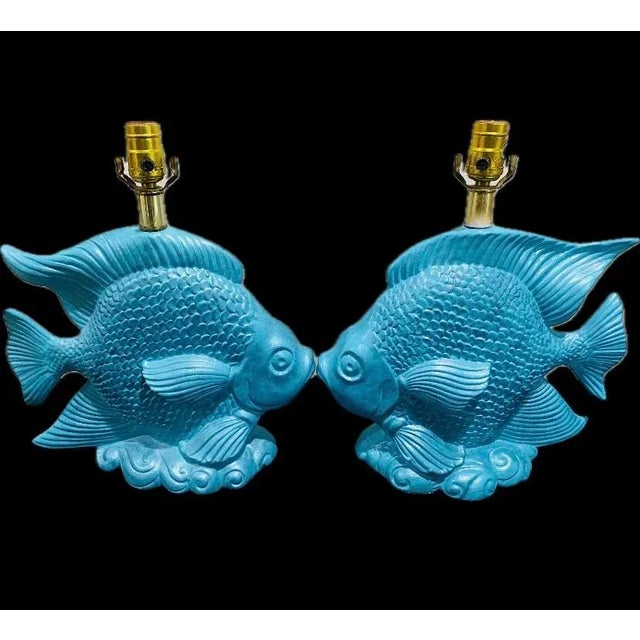 Gorgeous vintage Tiffany blue angelfish lamps. The perfect lamps for your coastal decor or beach home. Circa 1960s