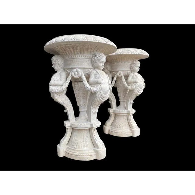 Large 20th Century Hand-Carved Marble Planters, Set of 2 For Sale - Image 5 of 16