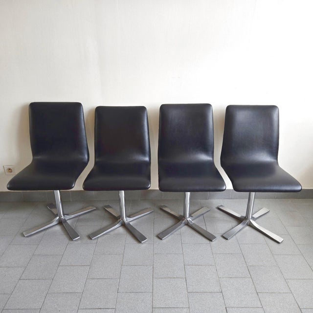 Vintage Swivel Chairs in Black Skirted Leatherette, Brushed Metal and Chrome, 1970s, Set of 4 For Sale - Image 15 of 15