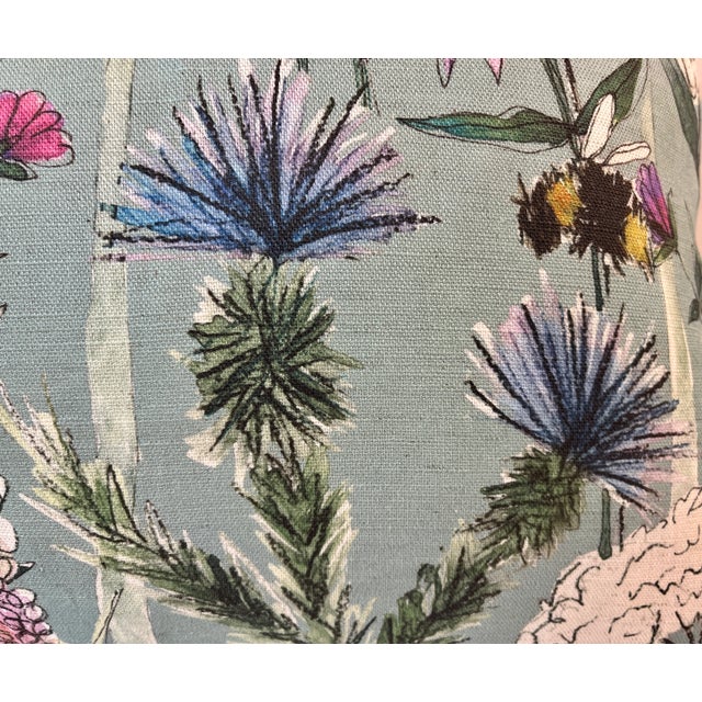 Large Bolster Pillow With a Playful Mid Century Modern Water-Color-Like Floral Design Buzzing With Bees on a Light Green Background - Made in U K For Sale In Dallas - Image 6 of 12
