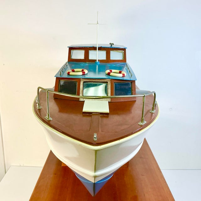 Nautical 1950s Vintage Nautical Coastal Arts & Crafts Hand Made Boat Model With Case, Propeller Powered For Sale - Image 3 of 18