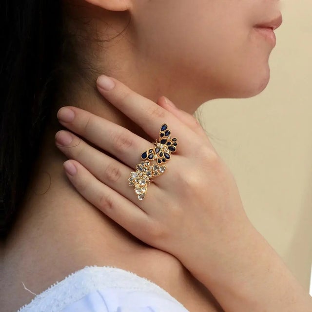 Nina Zhou Sapphire Aquamarine Diamond Two Butterfly Between the Finger Cocktail Ring in 14k Yellow Gold, size 7 For Sale In Los Angeles - Image 6 of 9