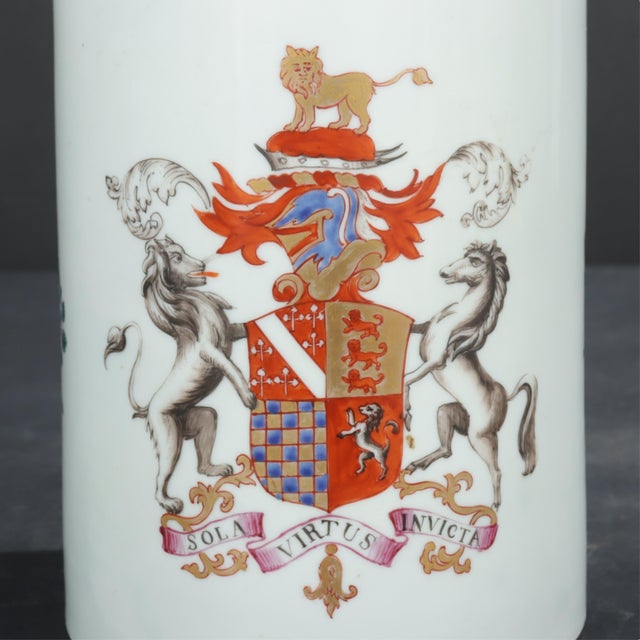 Very large antique 18th century Chinese export porcelain armorial tankard mug decorated with the coat of arms of the Duke...