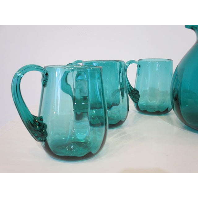 Mid-Century Modern 1960s Blenko Styled Pitcher and Glass Mug Set by Wayne Husted - Set of 9 For Sale - Image 3 of 13