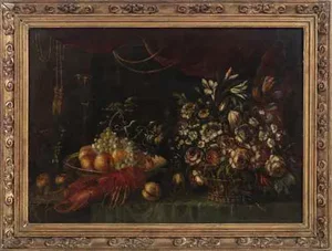 European School, Still Life with Flowers, Fruits and Lobster, Oil on Canvas, Framed