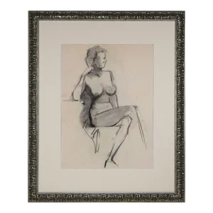 Vintage Mid Century Charcoal Figure Study Drawing of a Female Nude C. 1950