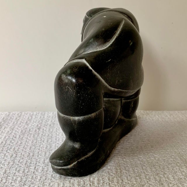 Inuit Soapstone Carving by Lucassie Amm – Signed - Kneeling Inuk Figure For Sale - Image 14 of 18