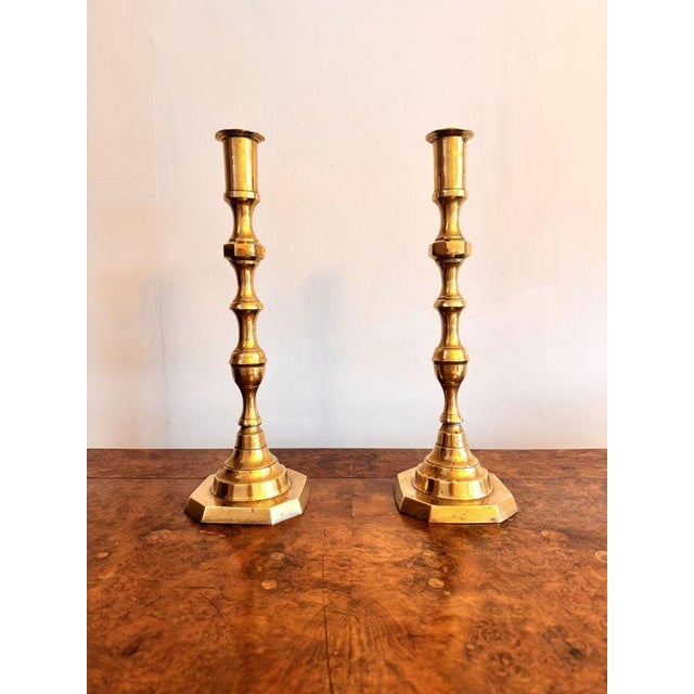 Gold Large Antique Victorian Brass Candlesticks, 1880, Set of 2 For Sale - Image 8 of 8