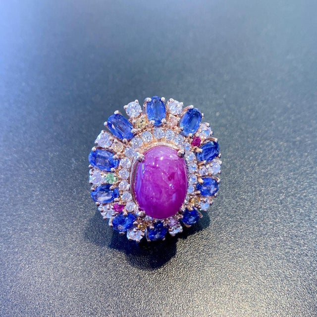 Gemstone Bochic Vintage Ruby, Tanzanite & Fancy Sapphire Candy Ring Set 18K Gold & Silver For Sale - Image 7 of 18