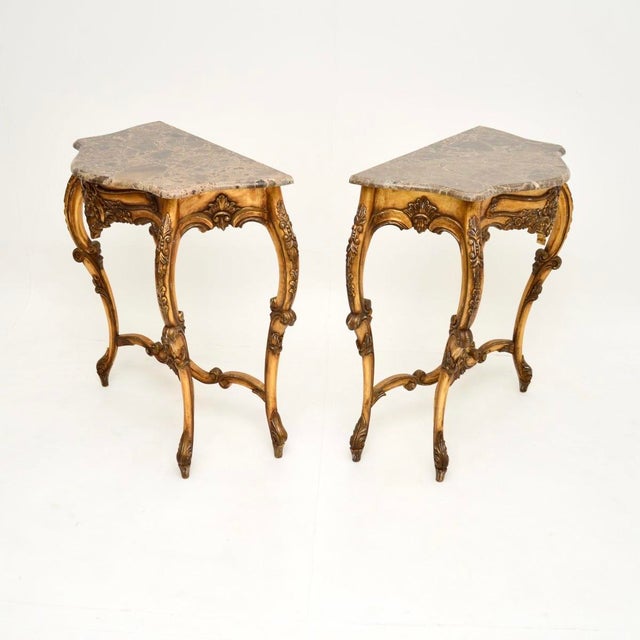 Rococo Vintage French Console Tables in Gilt Wood with Marble Tops, 1950, Set of 2 For Sale - Image 3 of 13