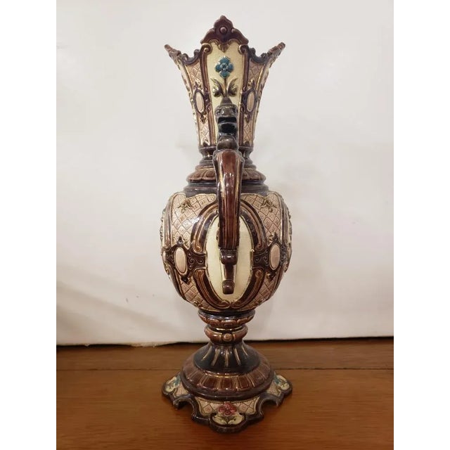 Rustic European Circa 1900 Bohemian Renaissance Revival Majolica Gryphon Handled Footed Vase For Sale - Image 3 of 8