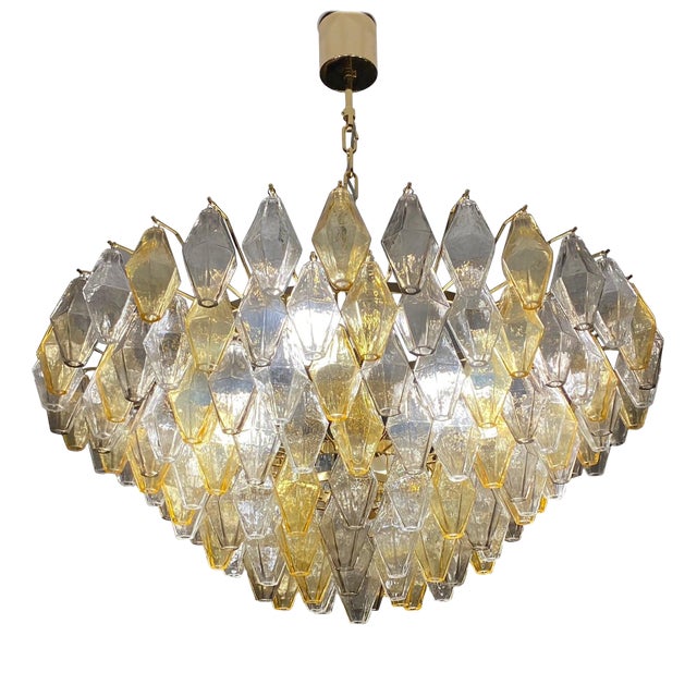 Large Amber and Grey Poliedri Murano Glass Chandelier For Sale