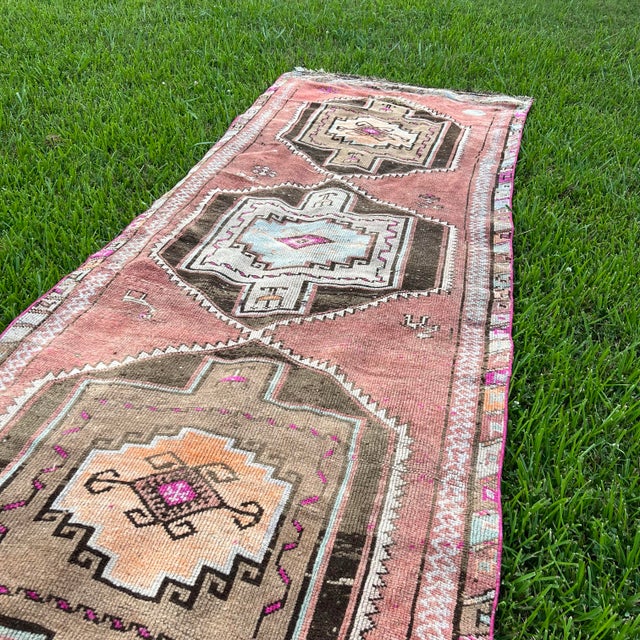 Boho Chic 1940s Vintage Caucasian Pink Runner Rug As For Sale - Image 3 of 6