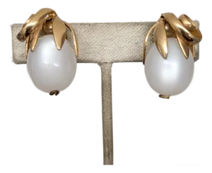 Vintage Signed Napier White Moonglow "Cumquat" Clip Earrings- 2 Pieces
