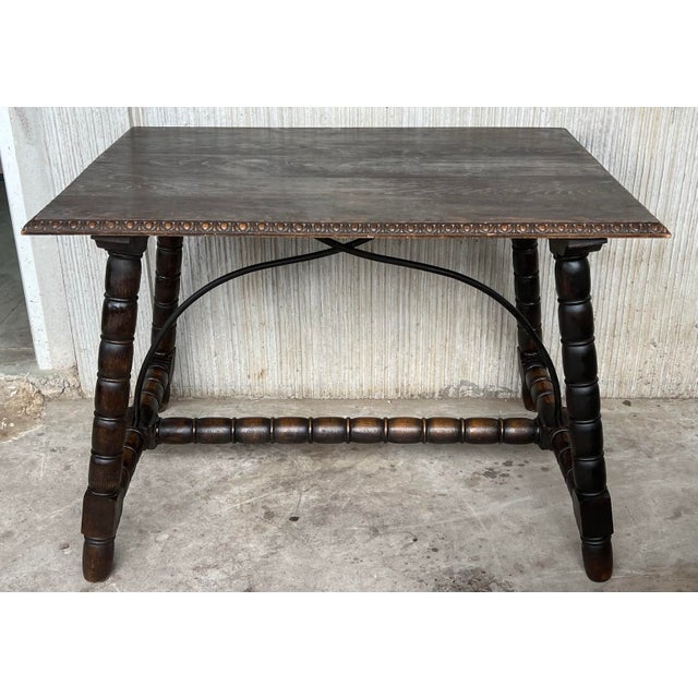 Spanish 19th Spanish Side Table With Cared Turned Legs and Wood Stretcher For Sale - Image 3 of 9