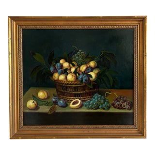 Vintage Realistic Still Life Oil Painting on Wood Panel of Nectarines & Plums in Gold Leaf Frame For Sale