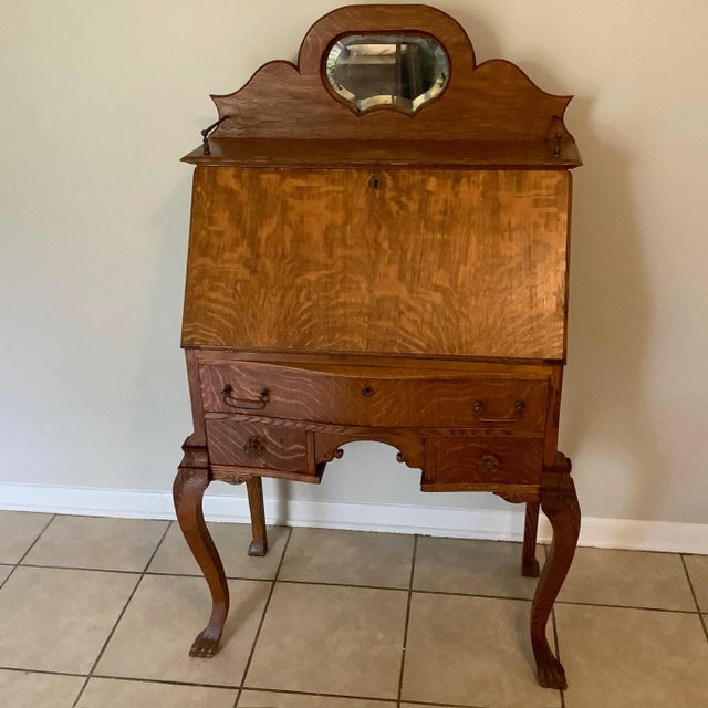 Antique Oak Slant Front Desk For Sale - Image 4 of 10