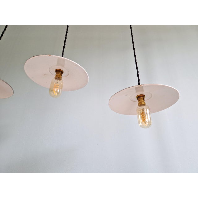 Industrial Pendant Lights in Green Enameled Sheet Metal, 1940s, Set of 3 For Sale - Image 12 of 16