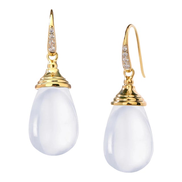 Syna Yellow Gold Moon Quartz Drop Earrings with Diamonds, a Pair For Sale