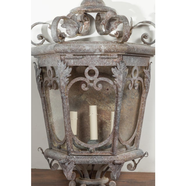 1920s French Iron Three-Light Lanterns with Scrolling Motifs and Foliage - a Pair For Sale - Image 11 of 12