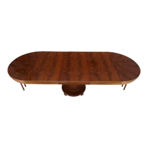 Burl Walnut Three Extension Boards Single Pedestal Round Dining Table
