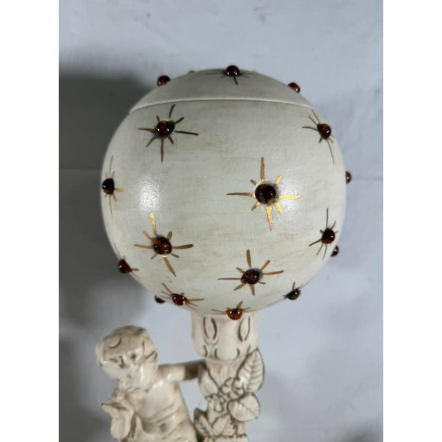 Ceramic Vintage Mid-Century Modern Hollywood Regency Ceramic Cherub Sunburst Globe Lamps - A Pair For Sale - Image 7 of 16