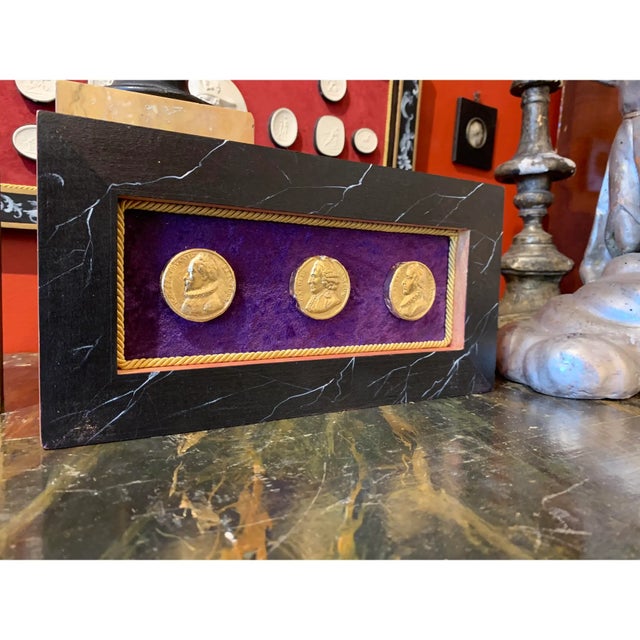 19th Century Grand Tour Style Gilded Plaster Intaglio Arrangement in Faux Marble Frame For Sale In Palm Springs - Image 6 of 9