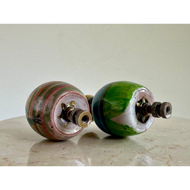 Metal Mexican Pottery Figural Lamp Finials on Bronze Hardware - A Pair For Sale - Image 7 of 8