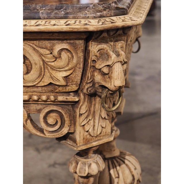 Stripped 19th Century French Oak Renaissance Style Table With Marble Top For Sale In Dallas - Image 6 of 13
