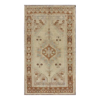 Vintage Turkish Oushak Rug With Soft Beige, Muted Blue, and Warm Brown For Sale
